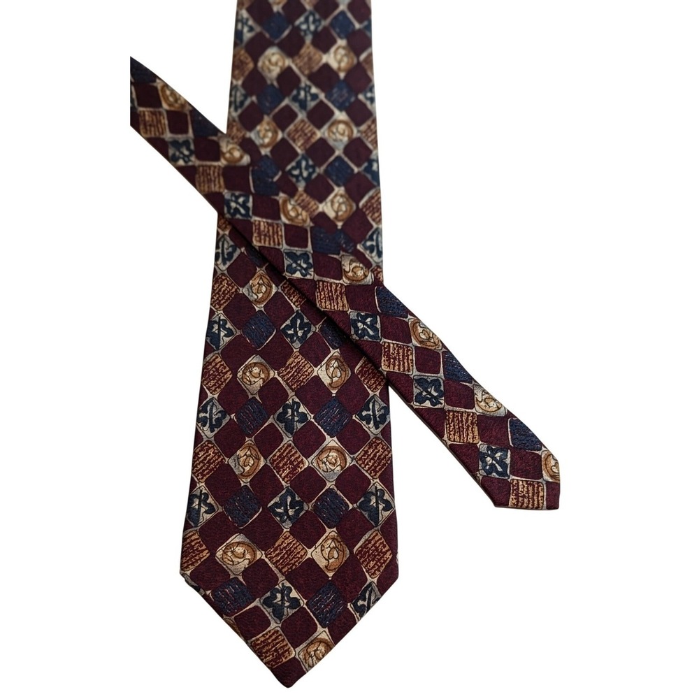 Rooster Mens SilkTie Burgundy Geometric Diamond Dark Academia Wedding Retro USA